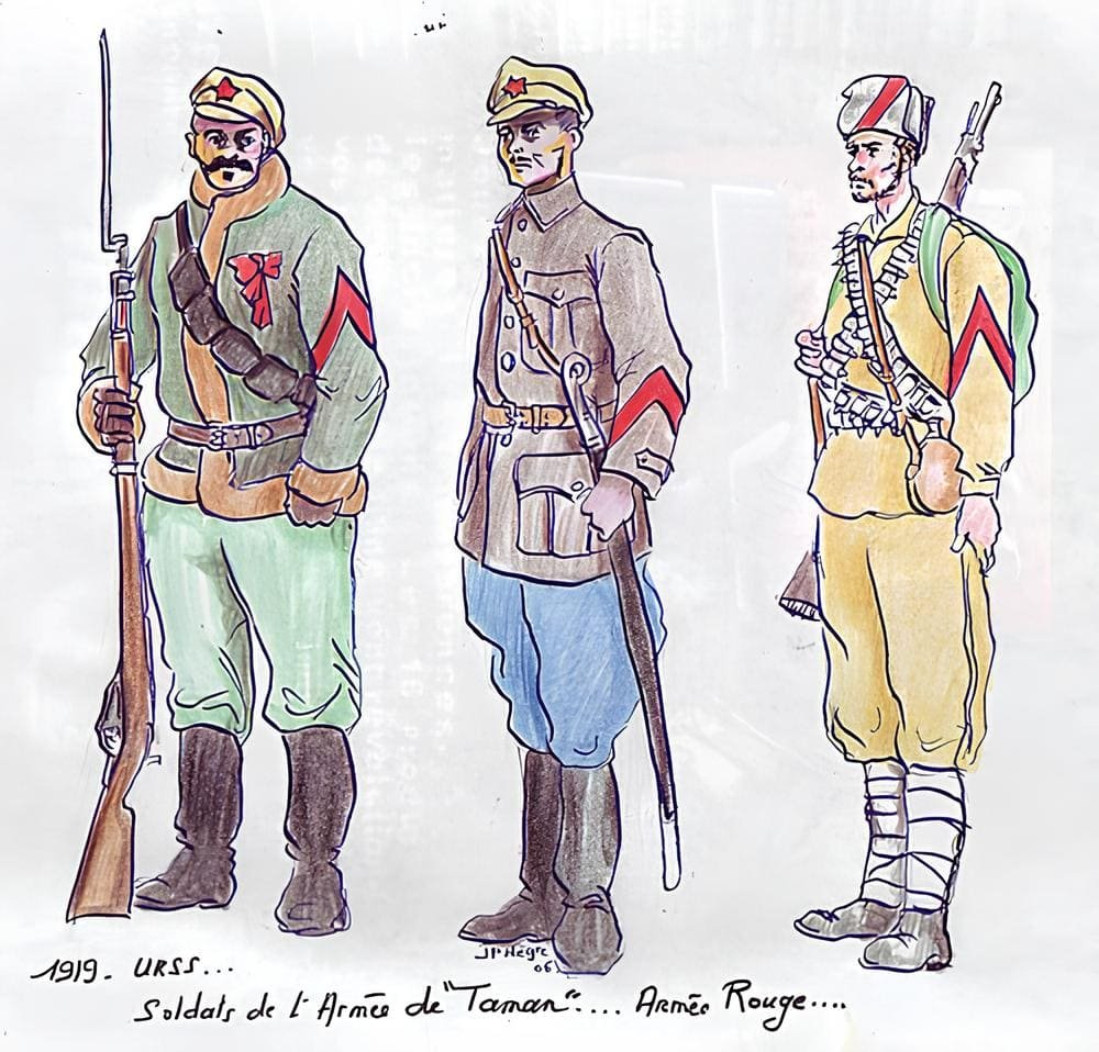 Early Red Army and Red Guard insignia in 1918 with red armbands and sleeve chevrons during the Russian Civil War