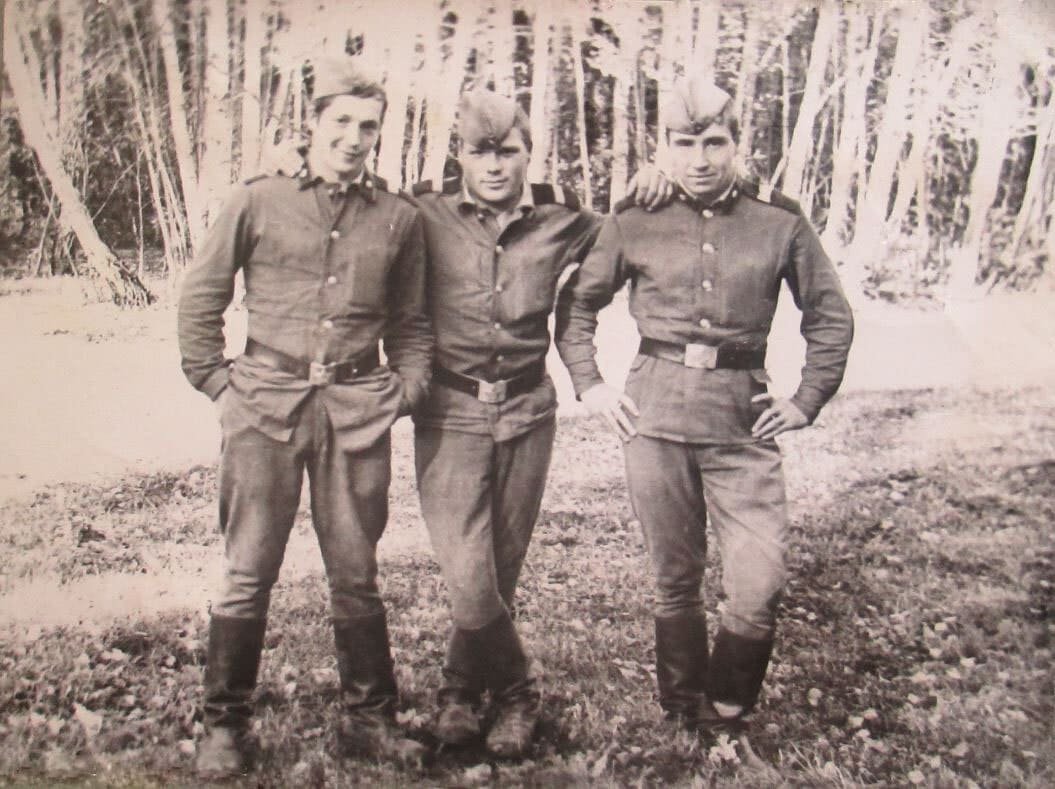 Archival photo of Soviet Army conscripts in service uniform during military service