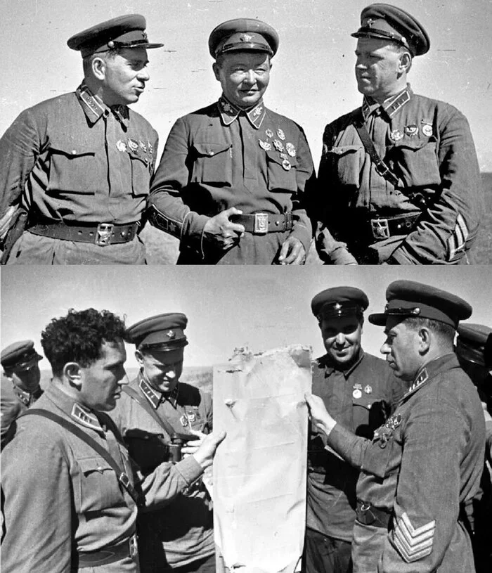 Soviet Army officers in World War II wearing field uniforms while discussing combat plans during active operations