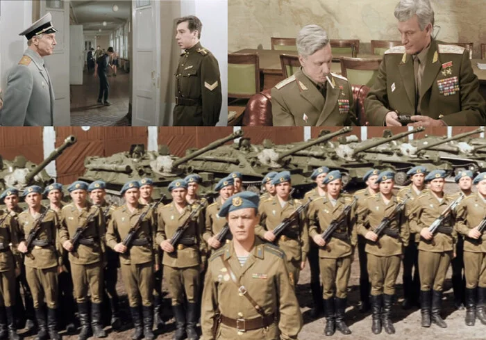 Late Soviet Army uniform of officers and soldiers during the Cold War and Afghan War period, showing simple field uniforms, shoulder boards, berets, and practical military equipment of the USSR Army.