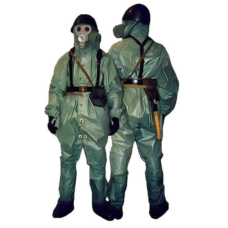Cold War Soviet chemical protection suit OZK with gas mask front and back view