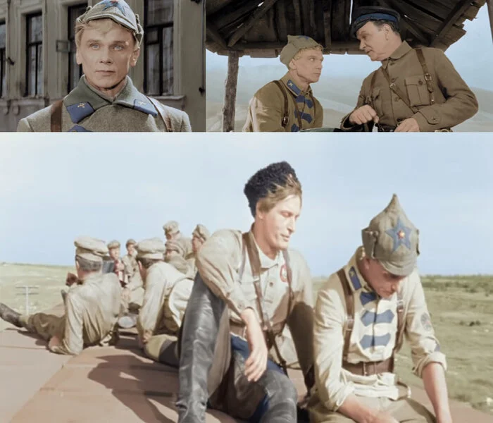 Soviet cinema scene showing Red Army soldiers in early RKKA uniforms with Budenovka, collar tabs and new military insignia