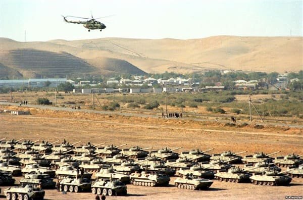 Soviet military equipment and tanks near Kabul during the Afghanistan war