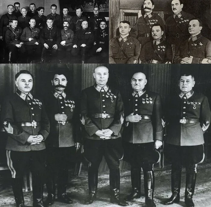High-ranking Soviet military officers and Marshals of the USSR wearing early Soviet military uniform with insignia and decorations