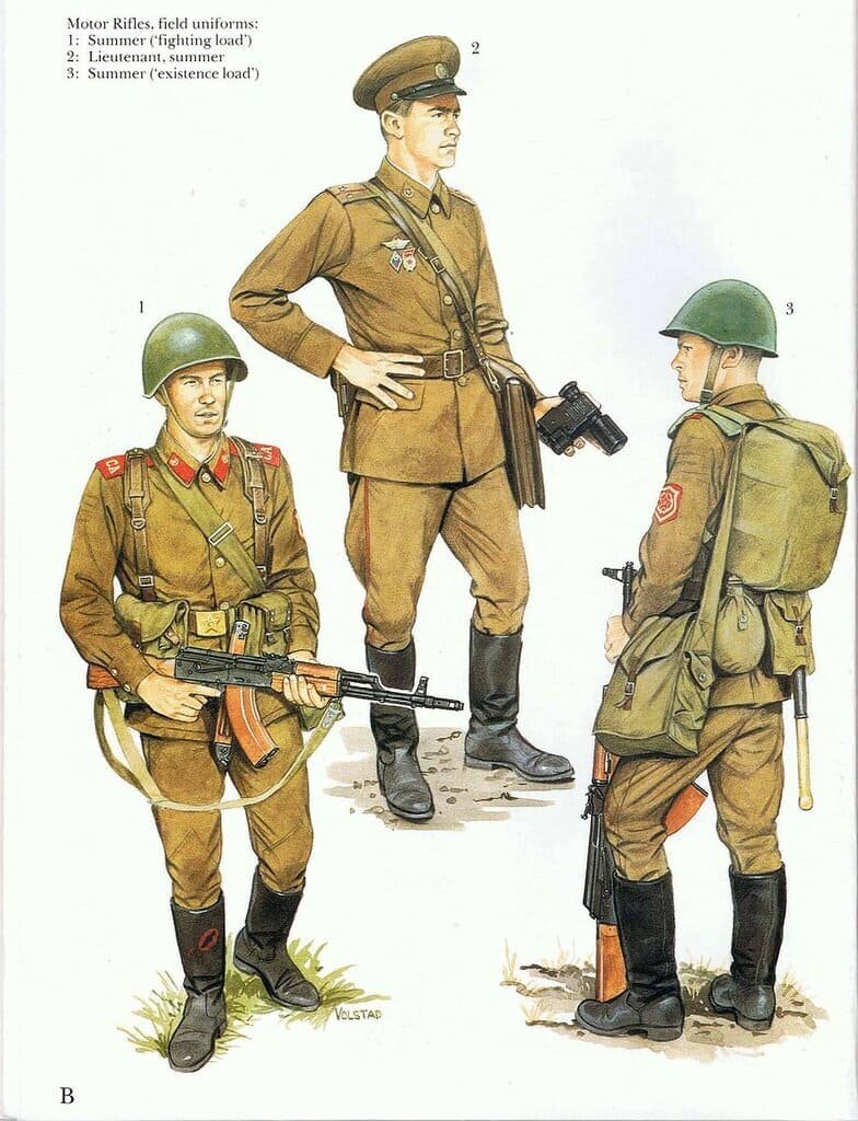 Soviet Motor Rifle soldiers in summer field uniform with combat gear and AK rifle