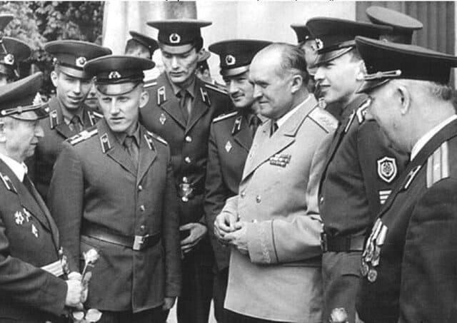Group of Soviet Internal Troops MVD cadets and senior officers in dress uniform