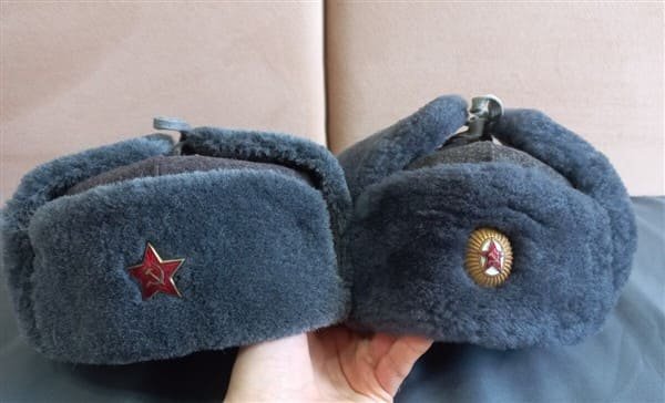 Two Soviet ushanka hats made under 1950s GOST standards, 1959 production