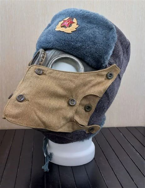 Soviet soldier ushanka with OKZK protective curtains attached