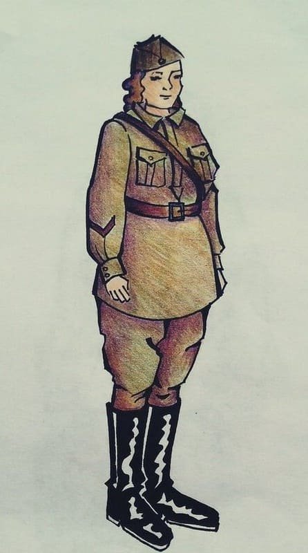 Kirza boots Soviet Army: Soviet woman soldier in WW2 Red Army uniform with kirza boots, 1942