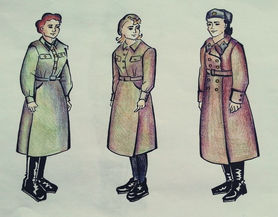 Soviet women military uniform WW2 illustration: female-cut coat, skirt and service clothing, 1942-1943
