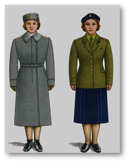 Soviet military uniform 1943: women’s uniforms after the reform, with shoulder straps, Order No. 25