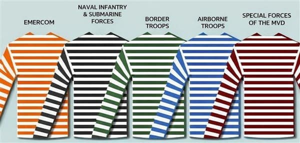 Different colors of telnyashka striped shirts used by Russian military branches including navy, VDV, border troops and EMERCOM