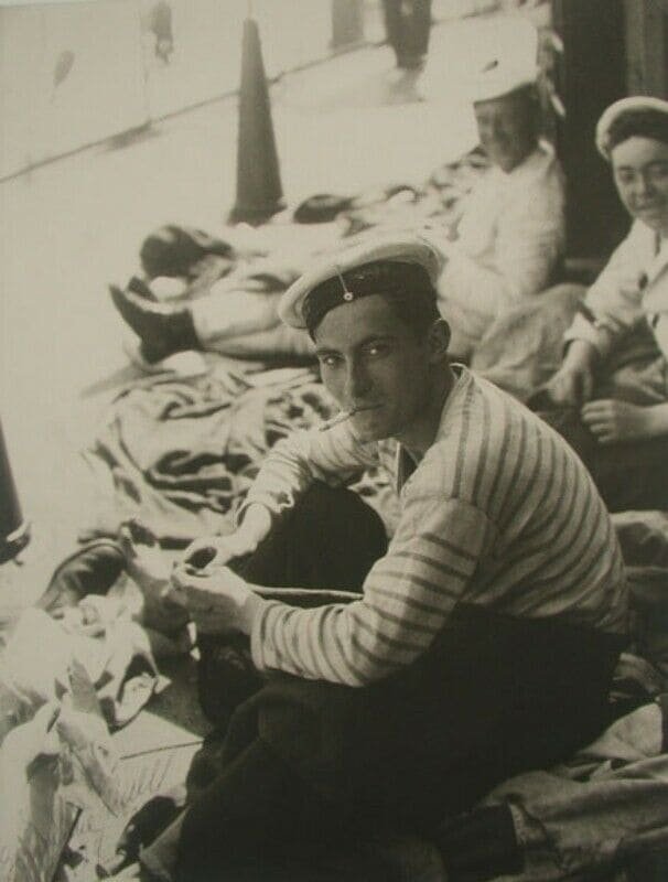 Sailor wearing telnyashka striped shirt believed to protect against sea spirits