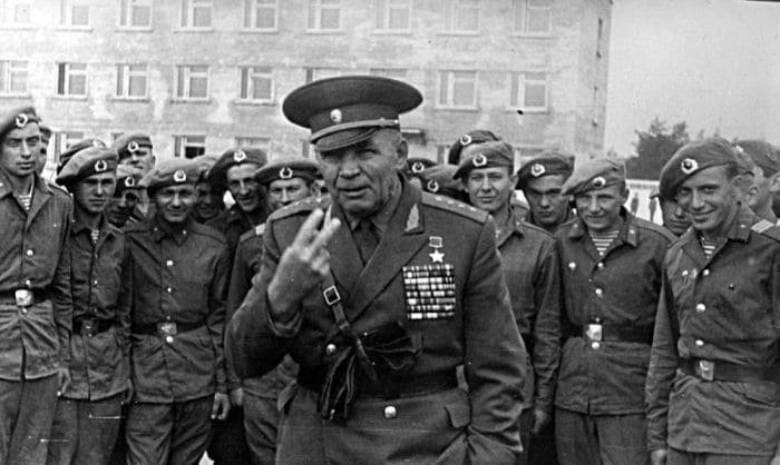 Vasily Margelov with Soviet Airborne Forces soldiers wearing VDV telnyashka striped shirts