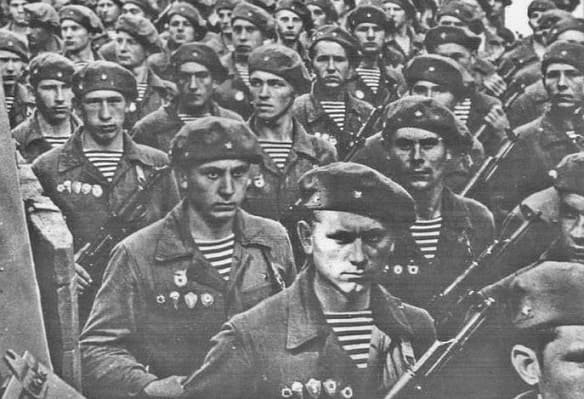 Soviet VDV paratroopers wearing blue striped telnyashka during formation