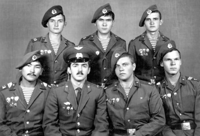 Soviet VDV soldiers wearing blue striped telnyashka under uniform jackets