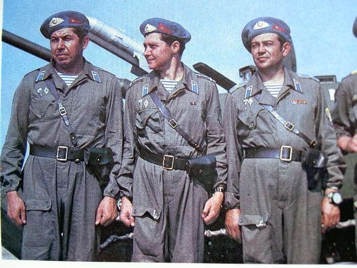 Soviet Airborne Forces soldiers wearing VDV telnyashka with blue stripes under uniform