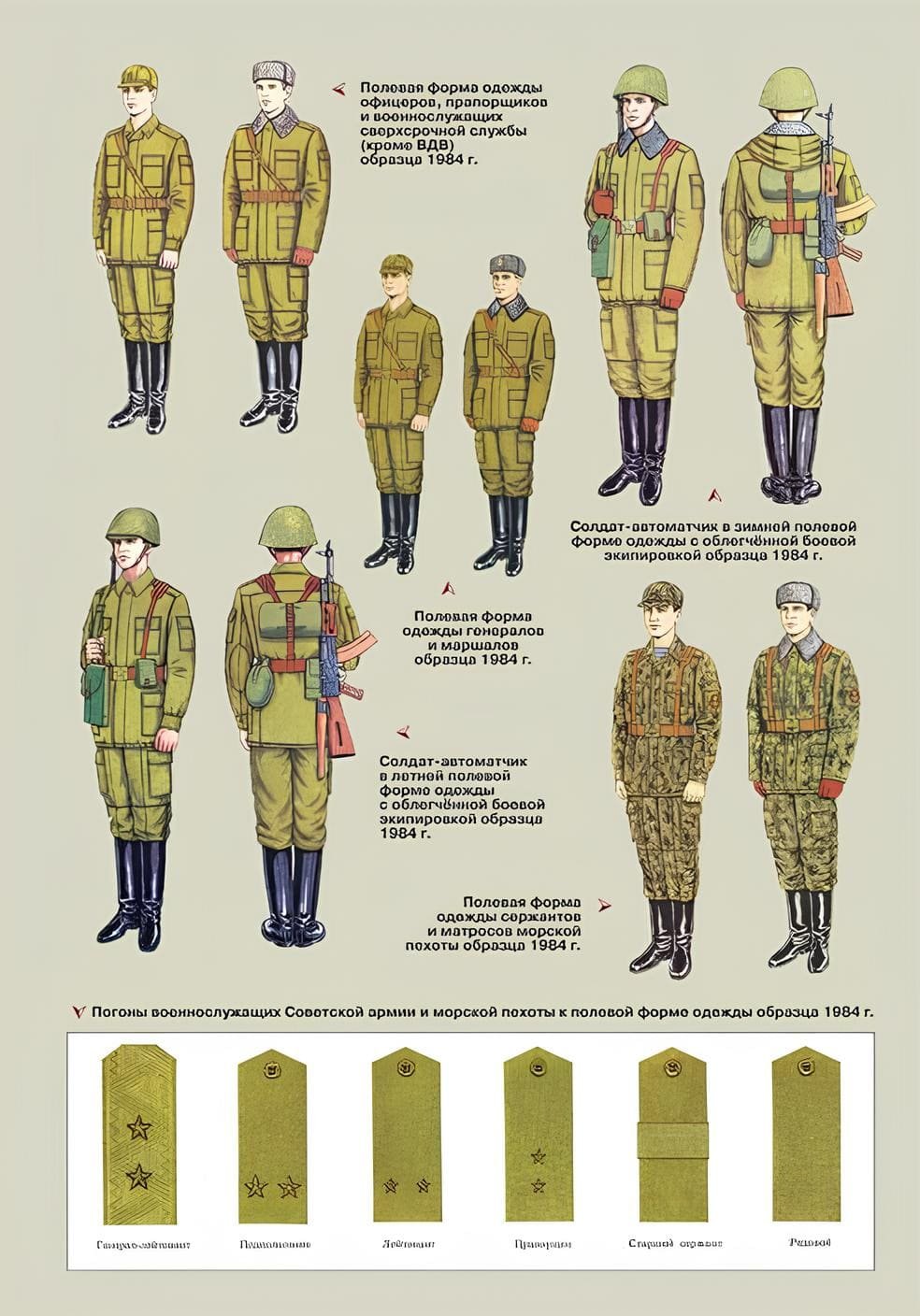 Soviet afghanka uniform 1984 field uniform soldiers officers ranks shoulder boards diagram