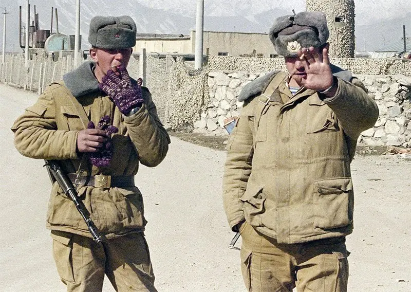 Soviet soldiers wearing afghanka winter uniform Afghanistan war