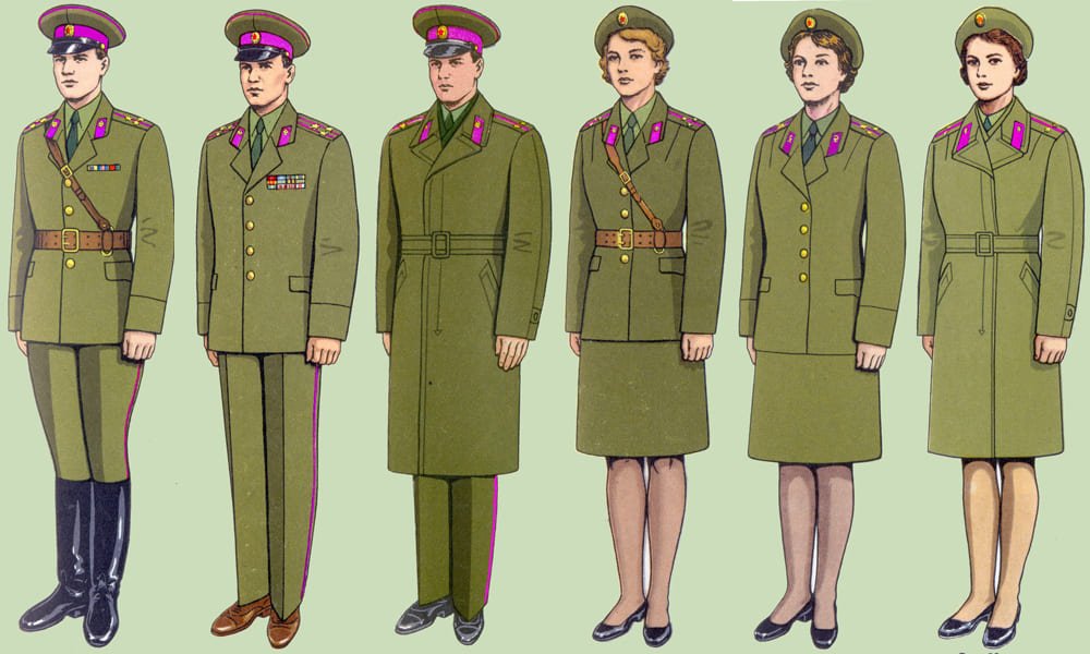 Soviet Army officers and female officers wearing everyday uniforms with crimson service insignia USSR Cold War period