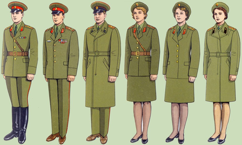 Soviet Army officers and female officers wearing everyday uniforms with shoulder boards USSR Cold War period