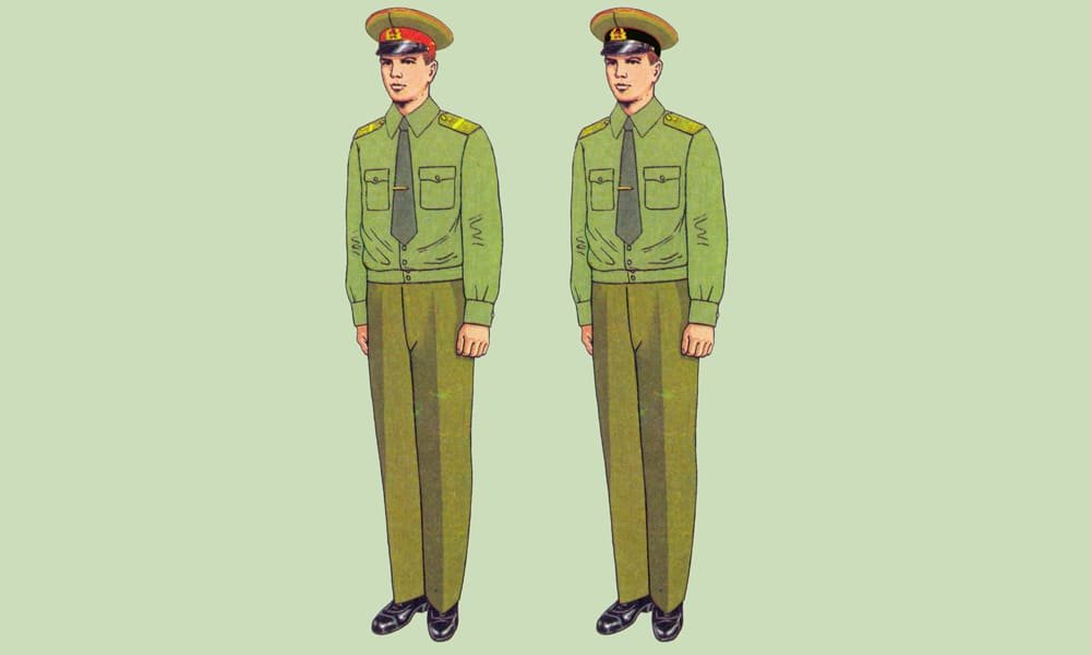 Soviet Army soldiers wearing shirt uniform with removable shoulder boards model 1988 USSR military uniform Cold War