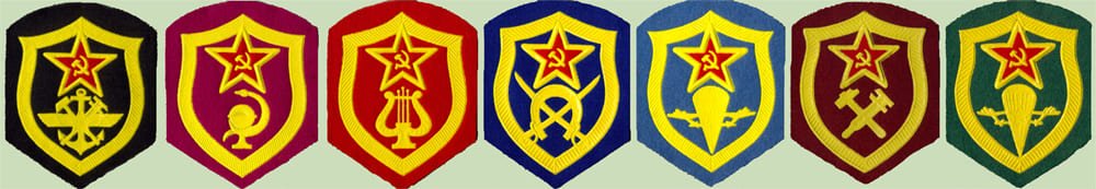 Soviet Army sleeve insignia patches of different branches of service on Cold War USSR military uniforms
