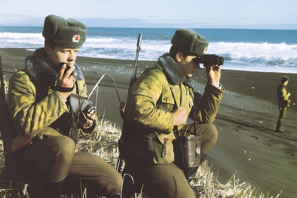 Soviet border guards wearing afghanka winter uniform camouflage on coastal patrol