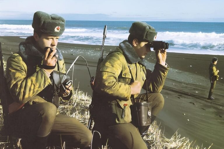 Soviet border guards wearing afghanka winter uniform camouflage on coastal patrol