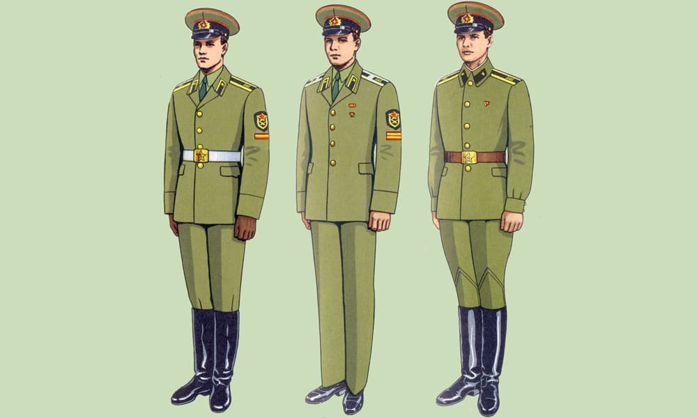 Soviet engineering military school cadets wearing everyday and parade uniforms with cadet shoulder boards USSR Cold War