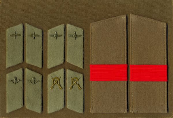 Soviet field uniform collar tabs with aviation, airborne troops and cavalry emblems with senior sergeant shoulder boards USSR 1988