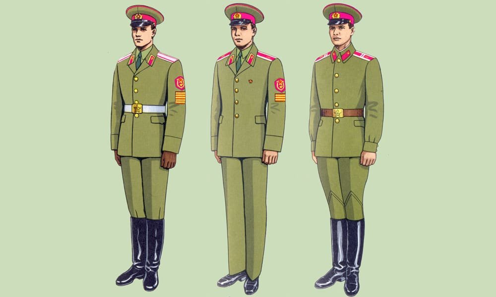 Soviet military medical academy cadets wearing everyday and parade uniforms with cadet shoulder boards and sleeve training patches