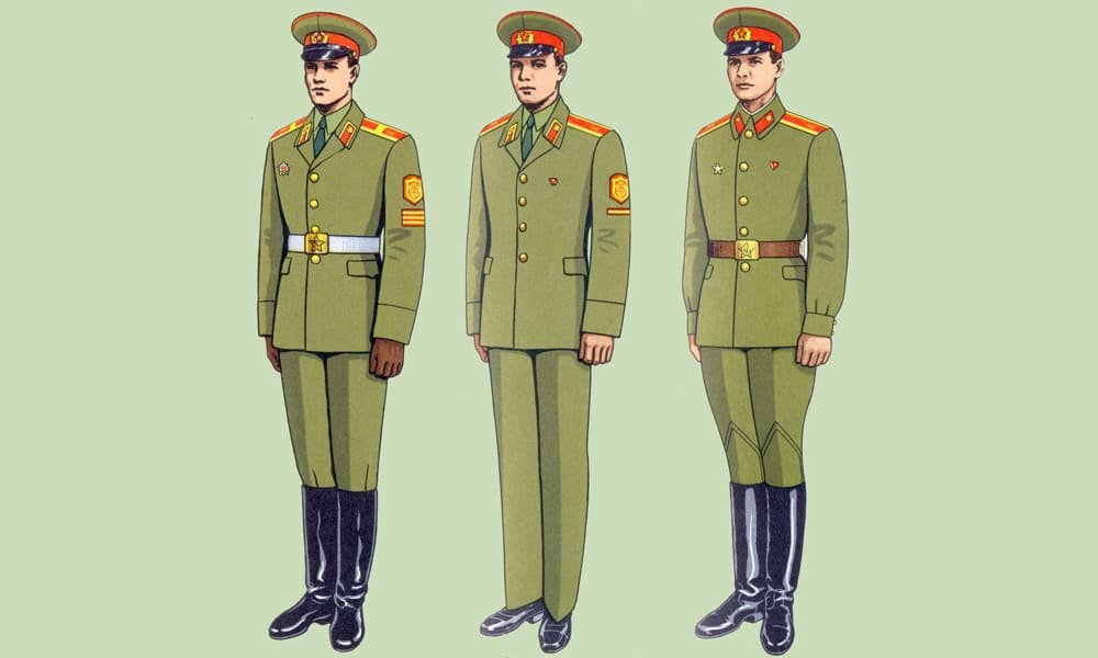 Soviet military school cadets wearing everyday and parade uniforms with cadet shoulder boards and sleeve insignia USSR Cold War