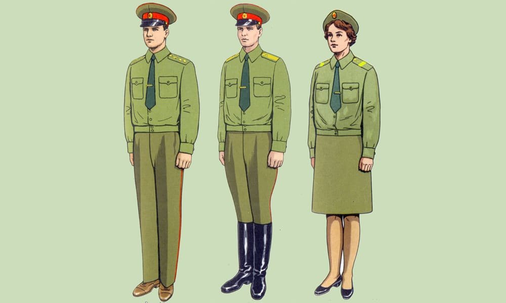 Soviet Army warrant officers and long service personnel wearing service shirts with removable shoulder boards USSR uniform