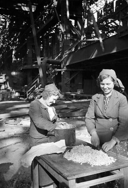 Soviet field kitchen in destroyed factory in Stalingrad during World War II