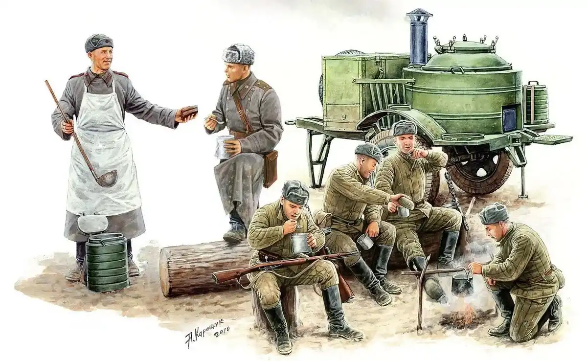 Soviet field kitchen with soldiers eating hot food during World War II