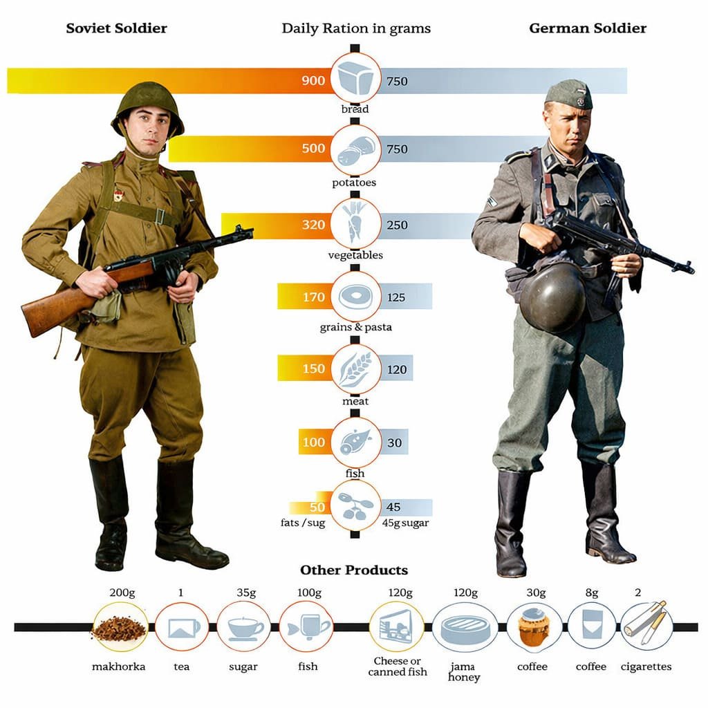 Comparison of Soviet and German soldier daily food rations in World War II