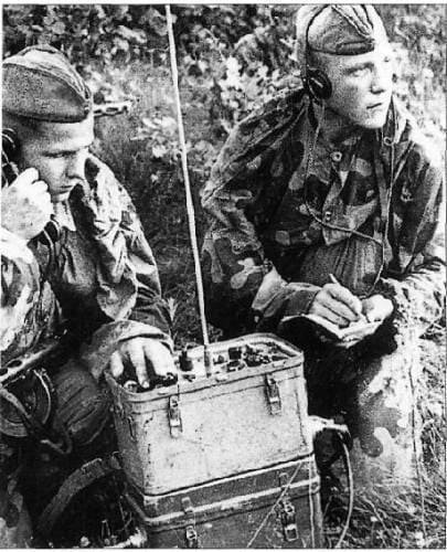 Soviet radio operators wearing camouflage uniform WW2 field communication