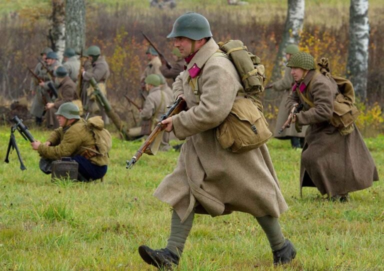WWII reenacting Red Army soldiers advancing attack