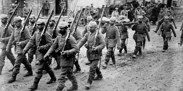 German soldiers marching with rifles and puttees during World War 1