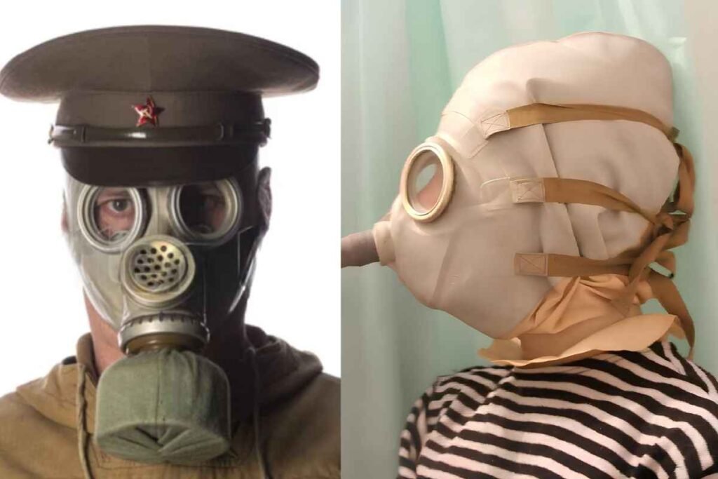Soviet GP-5 gas mask front and side view with telnyashka shirt Cold War style