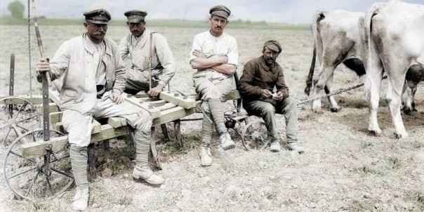 Russian soldiers wearing portyanki and boots resting in the field during World War 1
