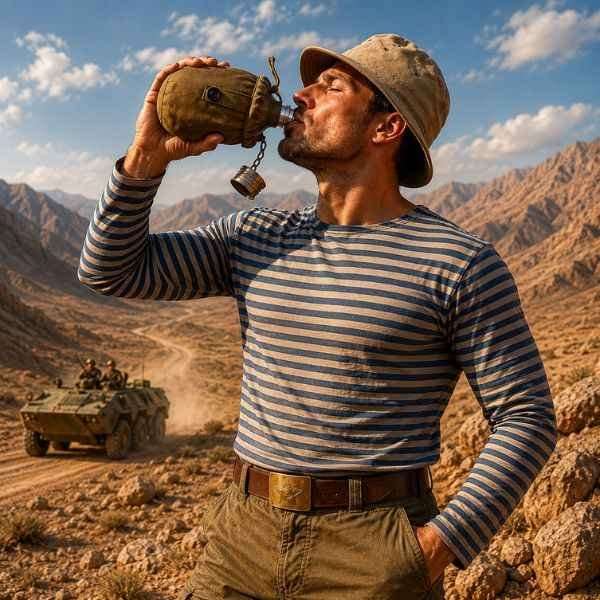 Soviet Afghanistan Patrol Kit with panamanka hat, telnyashka shirt, flask and Soviet belt