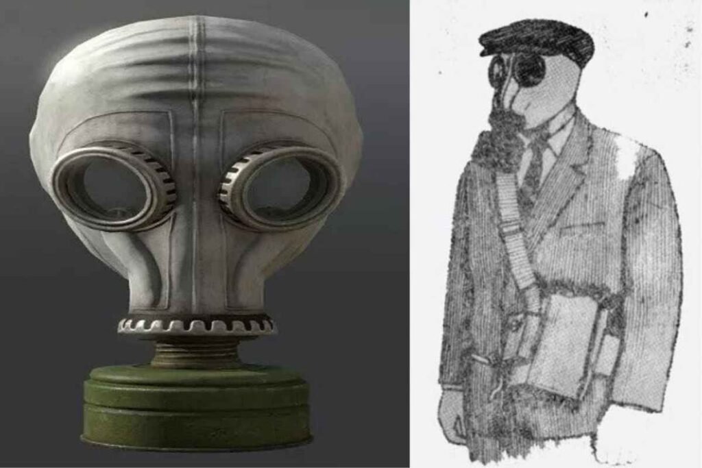 Soviet GP-5 gas mask Cold War civil defense collage USSR respirator history
