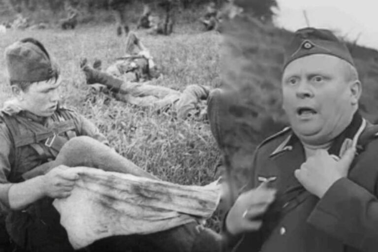 Soviet soldier with portyanki foot wraps compared to shocked German soldier during World War 2