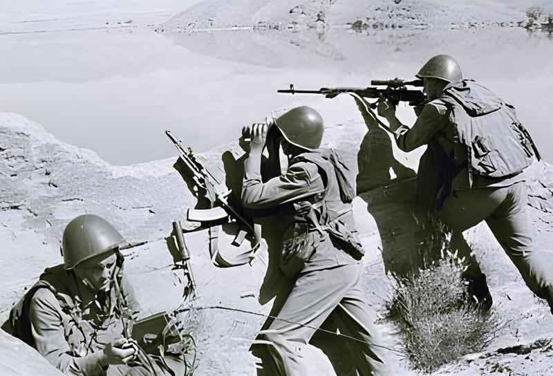 Soviet soldiers in combat positions during the Soviet-Afghan War in Afghanistan