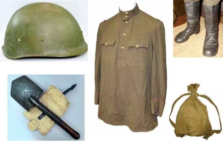 Soviet WW2 uniform and equipment collage RKKA soldier gear boots helmet backpack items
