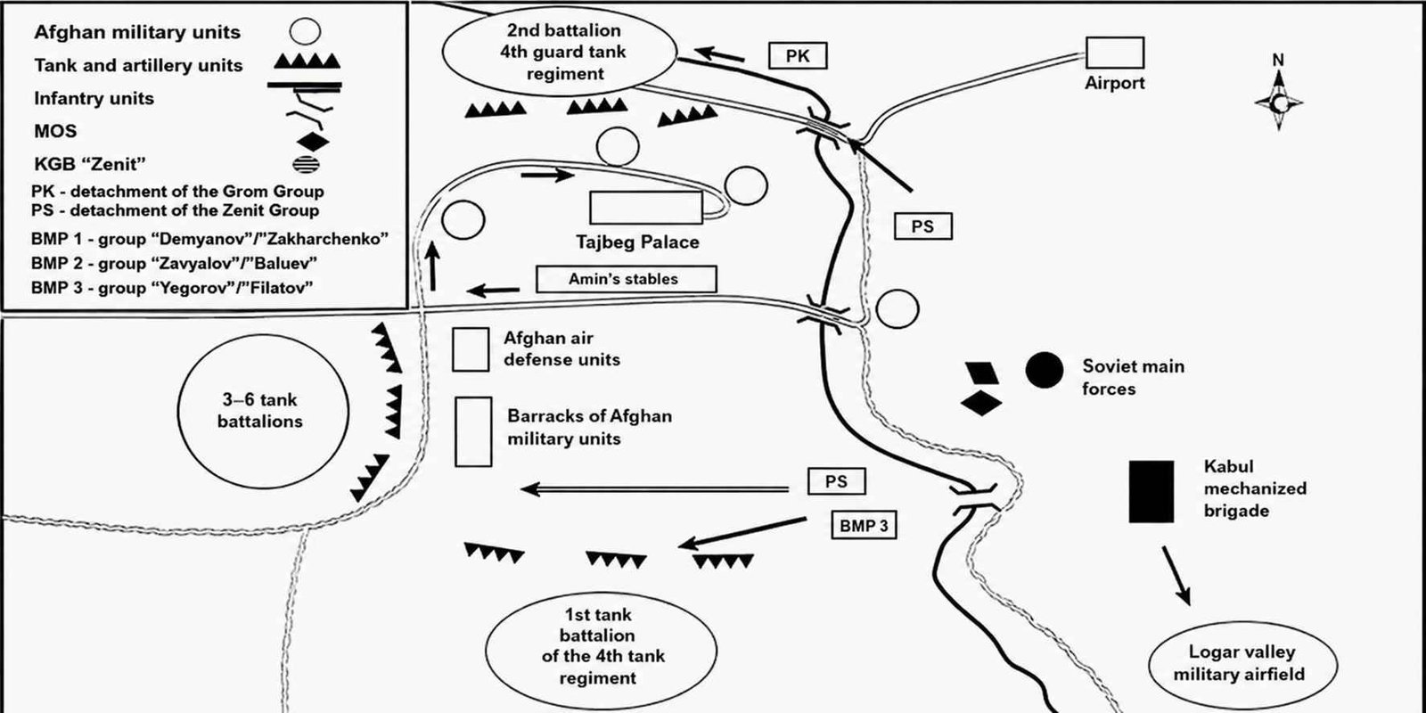 Operation Storm-333 tactical map showing the assault on Tajbeg Palace near Kabul in December 1979