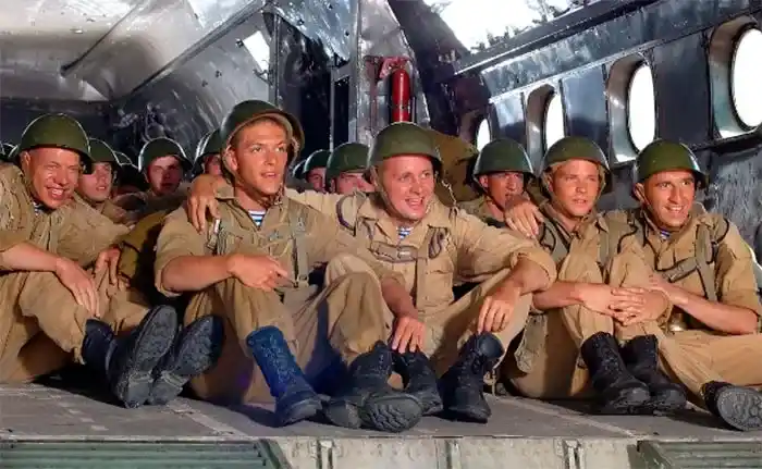 VDV soldiers from the movie 9th Company wearing M88 boots and telnyashka shirts