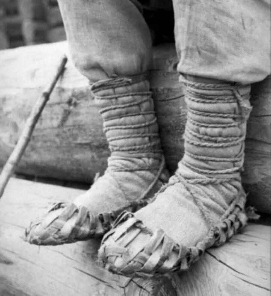 Ancient Russian onuchi leg wraps worn with traditional bast shoes